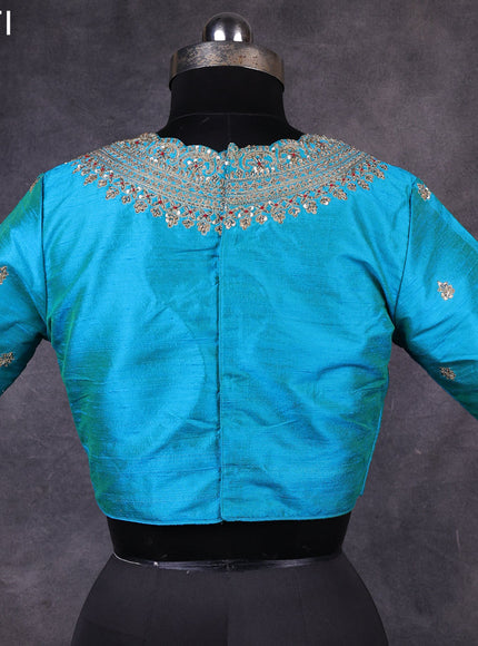 Teal blue raw silk readymade embroidery work blouse Teal green and