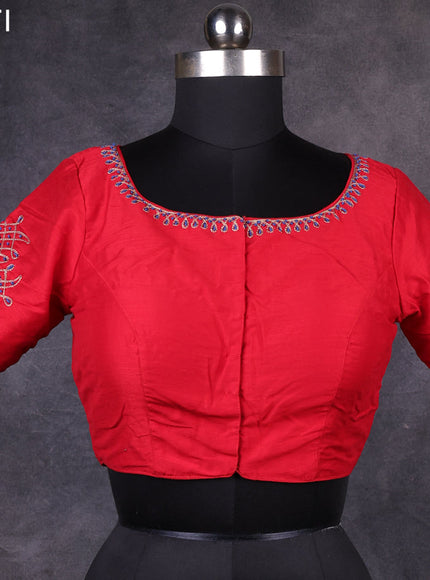 Red raw silk readymade embroidery work blouse Red and