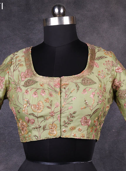Pista green raw silk readymade embroidery work blouse Pista green and