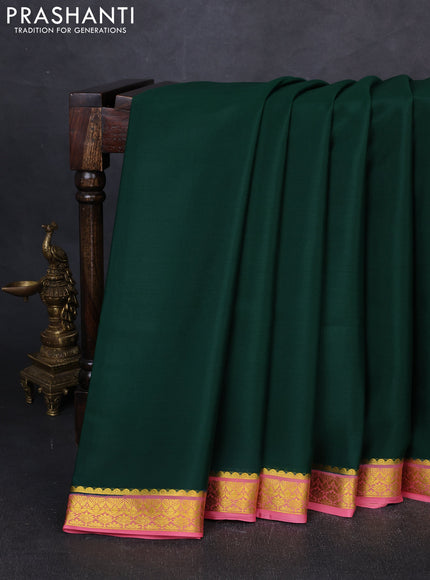 Pure mysore silk saree bottle green and peach pink with plain body and zari woven border