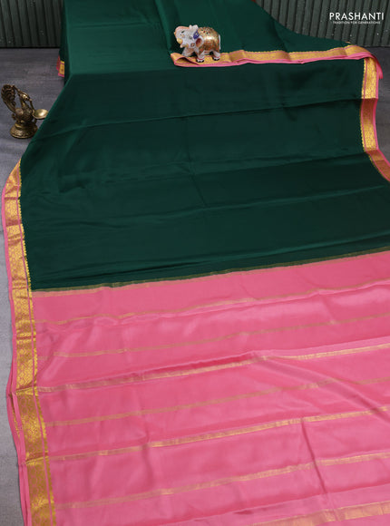 Pure mysore silk saree bottle green and peach pink with plain body and zari woven border