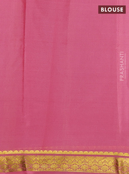 Pure mysore silk saree bottle green and peach pink with plain body and zari woven border