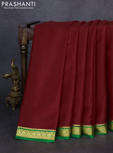 Pure mysore silk saree maroon and green with plain body and zari woven border