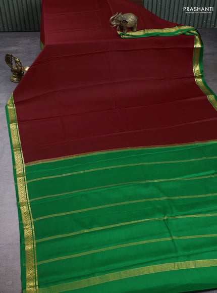 Pure mysore silk saree maroon and green with plain body and zari woven border