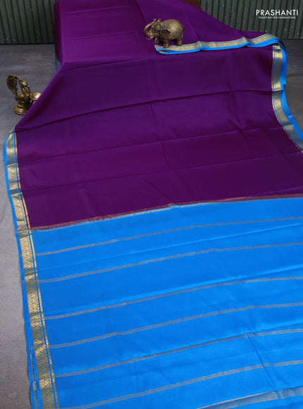 Pure mysore silk saree purple and cs blue with plain body and zari woven border