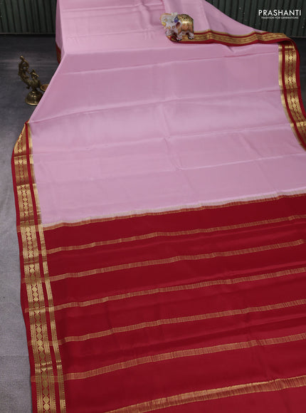 Pure mysore silk saree baby pink and red with plain body and zari woven border