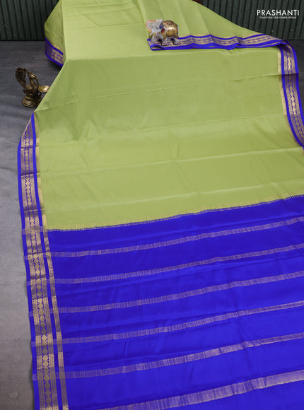 Pure mysore silk saree pista green and royal blue with plain body and zari woven border