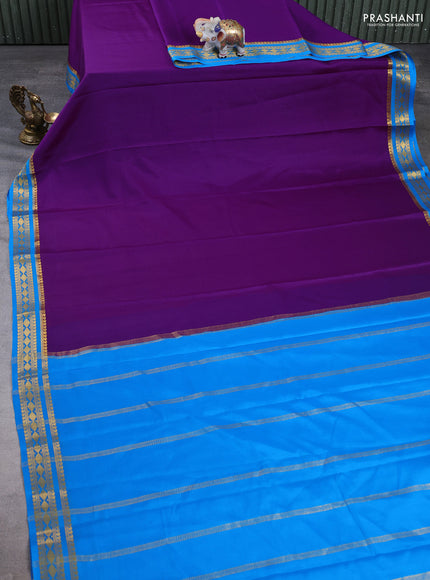 Pure mysore silk saree purple and cs blue with plain body and zari woven border