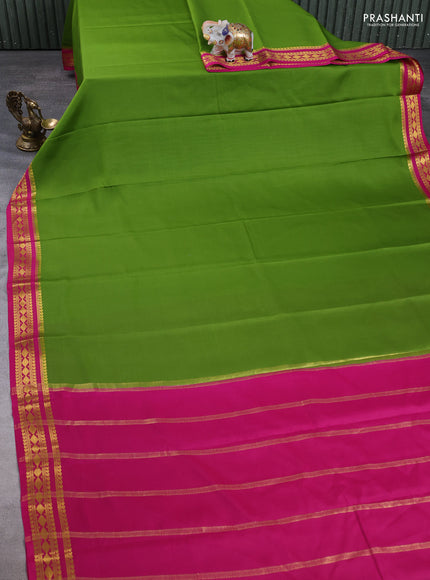 Pure mysore silk saree mehendi green and pink with plain body and zari woven border