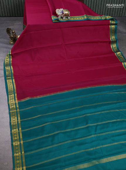 Pure mysore silk saree pink and teal green with plain body and zari woven border