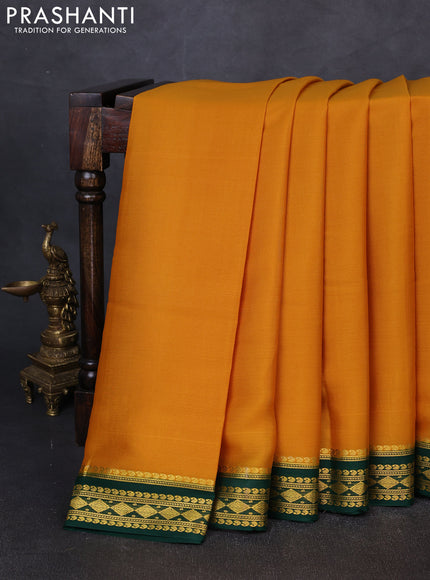 Pure mysore silk saree mustard yellow and bottle green with plain body and zari woven border