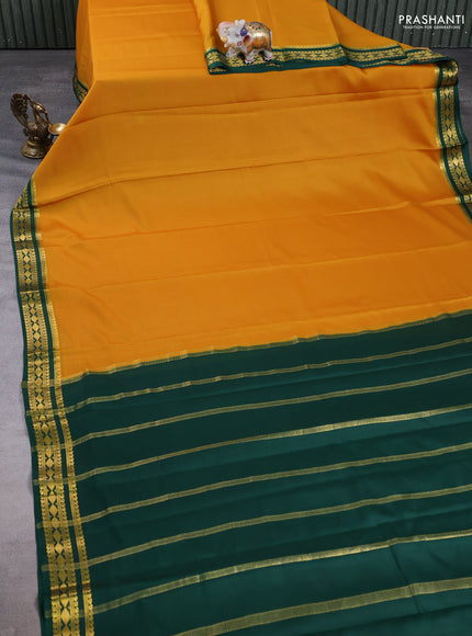 Pure mysore silk saree mustard yellow and bottle green with plain body and zari woven border