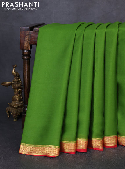 Pure mysore silk saree mehendi green and red with plain body and zari woven border