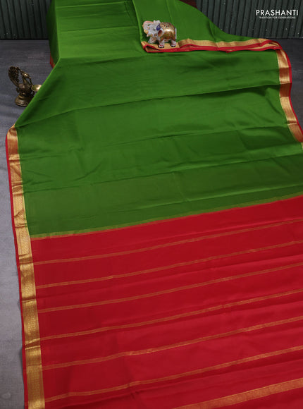 Pure mysore silk saree mehendi green and red with plain body and zari woven border