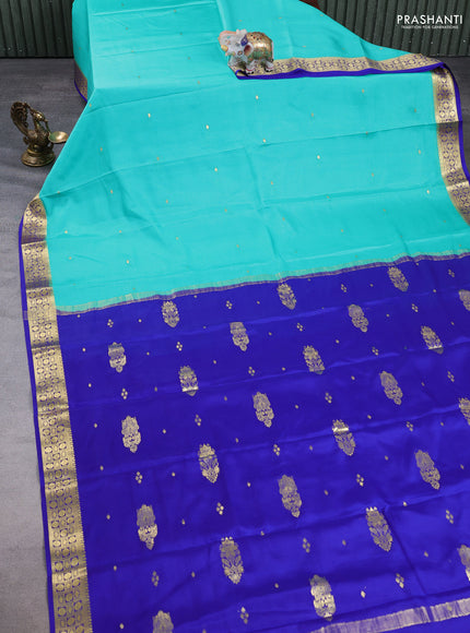 Pure mysore silk saree teal blue and royal blue with zari woven buttas and zari woven border