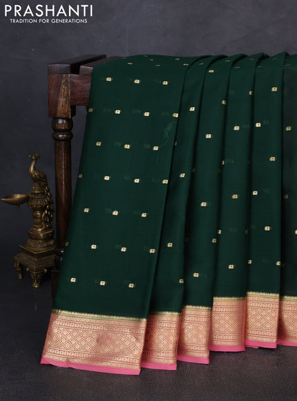 Pure mysore silk saree bottle green and peach pink with zari woven buttas and zari woven border