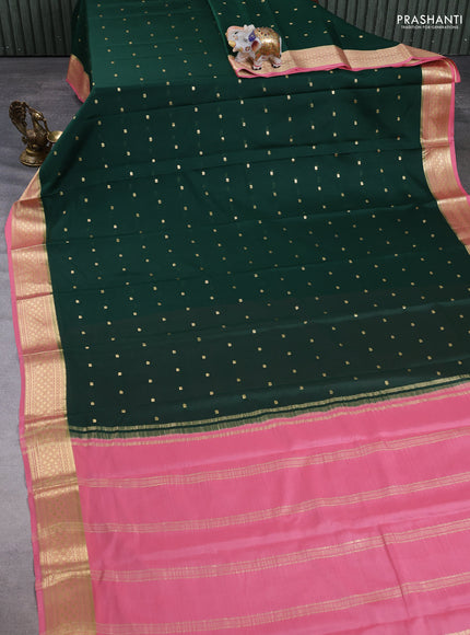 Pure mysore silk saree bottle green and peach pink with zari woven buttas and zari woven border