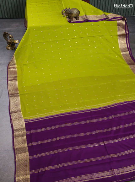 Pure mysore silk saree light green and purple with zari woven buttas and zari woven border