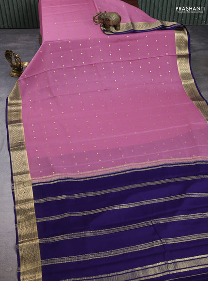 Pure mysore silk saree pastel pink and navy blue with zari woven buttas and zari woven border