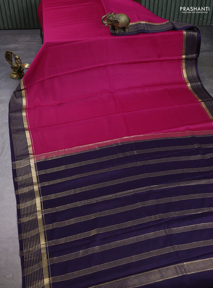 Pure mysore silk saree pink and dark blue with plain body and zari woven border