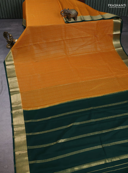 Pure mysore silk saree dark mustard and bottle green with allover zari weaves and zari woven border