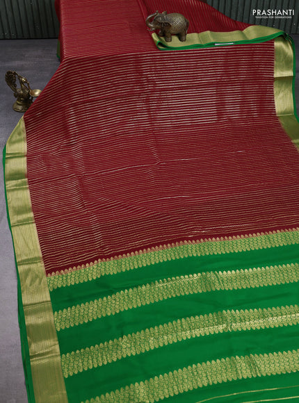 Pure mysore silk saree red and green with allover zari weaves and zari woven border