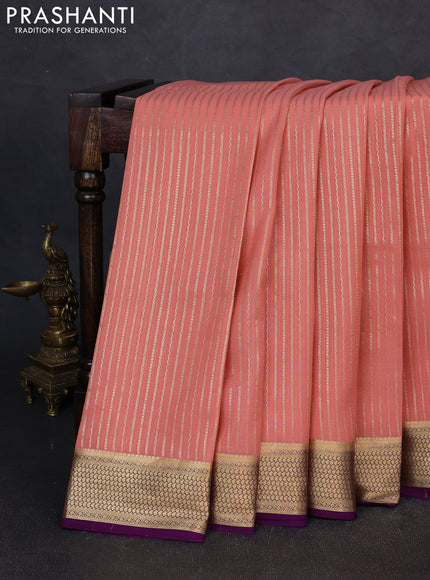 Pure mysore silk saree peach shade and purple with allover zari weaves and zari woven border