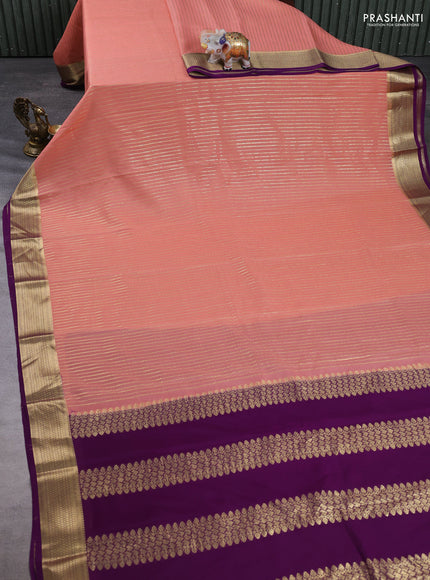 Pure mysore silk saree peach shade and purple with allover zari weaves and zari woven border