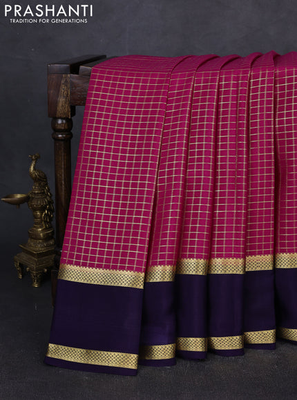Pure mysore silk saree rani pink and dark blue with allover small zari checked pattern and rettapet zari woven border
