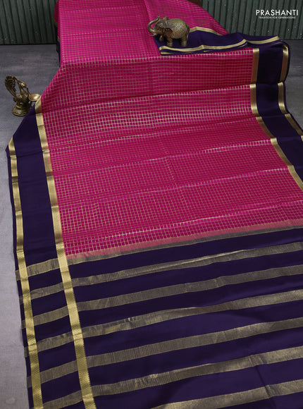 Pure mysore silk saree rani pink and dark blue with allover small zari checked pattern and rettapet zari woven border