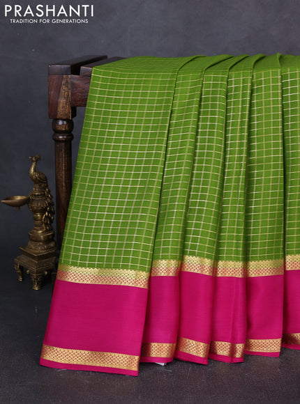 Pure mysore silk saree mehendi green and pink with allover small zari checked pattern and rettapet zari woven border