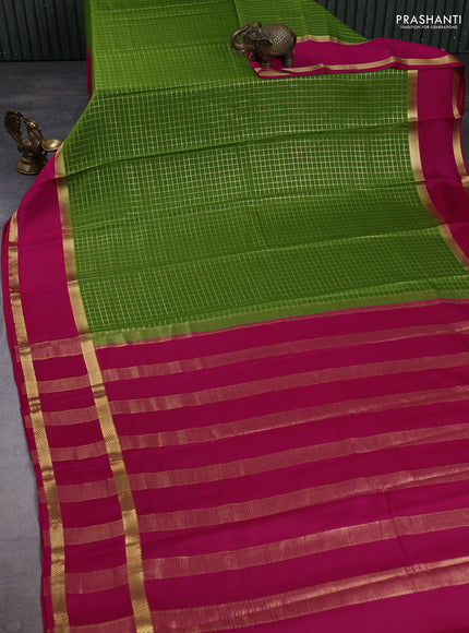 Pure mysore silk saree mehendi green and pink with allover small zari checked pattern and rettapet zari woven border