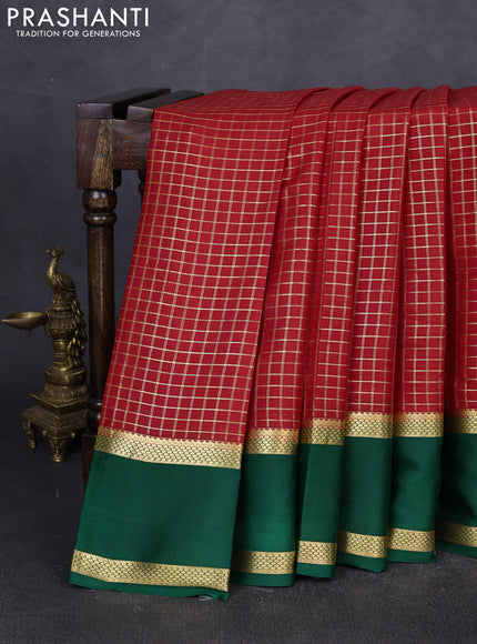 Pure mysore silk saree red and green with allover small zari checked pattern and rettapet zari woven border