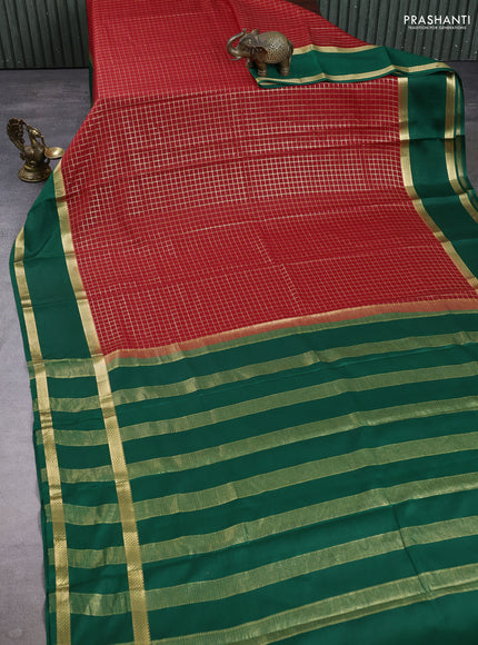 Pure mysore silk saree red and green with allover small zari checked pattern and rettapet zari woven border