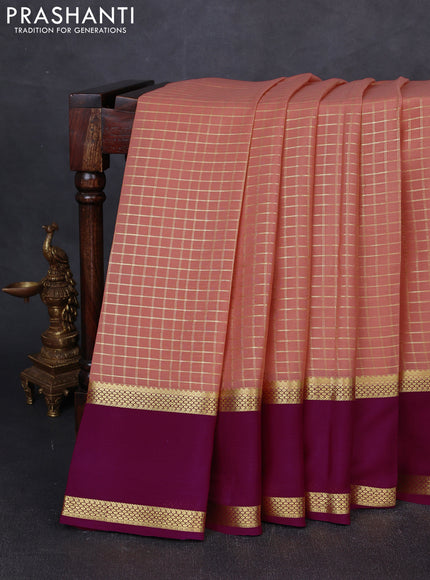 Pure mysore silk saree peach shade and purple with allover small zari checked pattern and rettapet zari woven border
