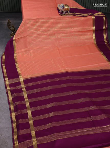 Pure mysore silk saree peach shade and purple with allover small zari checked pattern and rettapet zari woven border
