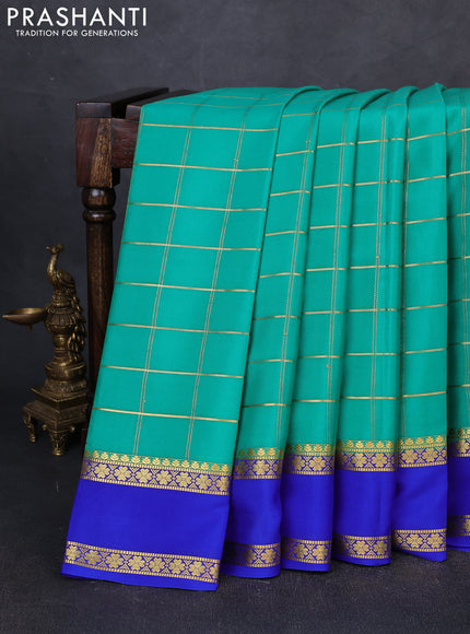Pure mysore silk saree teal green and royal blue with allover zari checked pattern and rettapet zari woven border