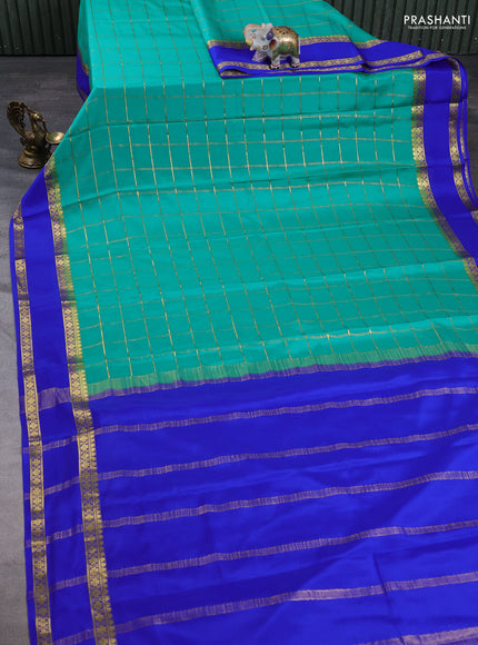 Pure mysore silk saree teal green and royal blue with allover zari checked pattern and rettapet zari woven border