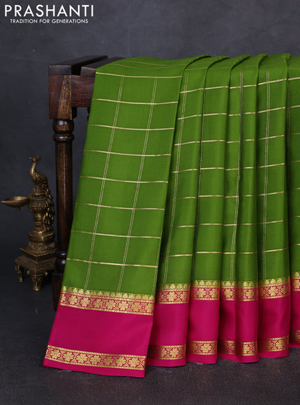 Pure mysore silk saree mehendi green and pink with allover zari checked pattern and rettapet zari woven border