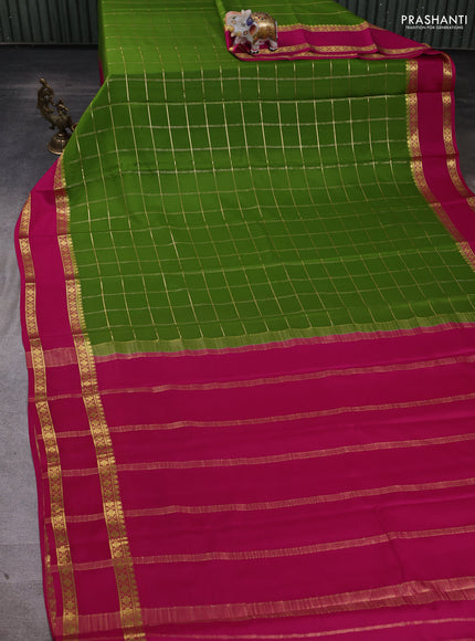 Pure mysore silk saree mehendi green and pink with allover zari checked pattern and rettapet zari woven border