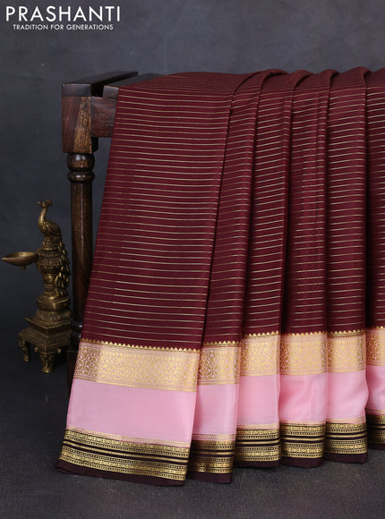 Pure mysore silk saree deep maroon and light pink with allover zari stripe pattern and rettapet zari woven border