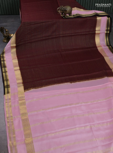 Pure mysore silk saree deep maroon and light pink with allover zari stripe pattern and rettapet zari woven border