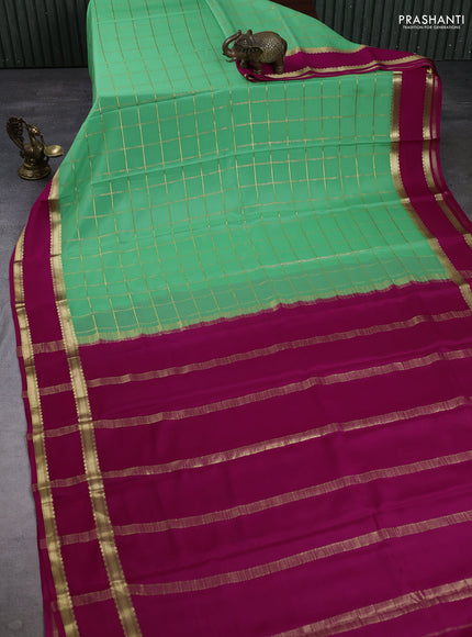 Pure mysore silk saree pista green and pink with allover zari checked pattern and rettapet zari woven border