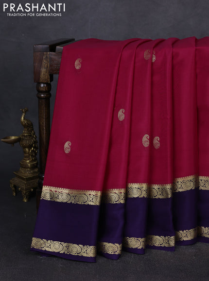 Pure mysore silk saree dark pink and dark blue with zari woven paisley buttas and rettapet zari woven border