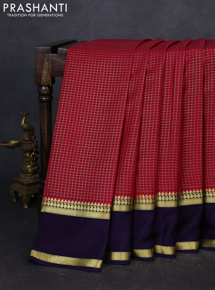 Pure mysore silk saree maroon and dark blue with allover small zari checked pattern and rettapet zari woven border
