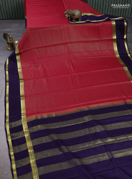 Pure mysore silk saree maroon and dark blue with allover small zari checked pattern and rettapet zari woven border