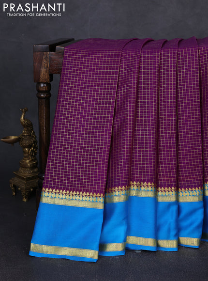 Pure mysore silk saree purple and cs blue with allover small zari checked pattern and rettapet zari woven border