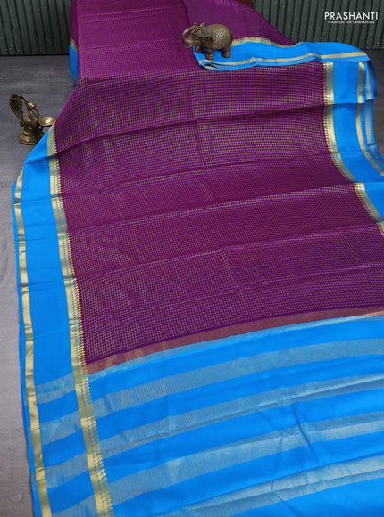 Pure mysore silk saree purple and cs blue with allover small zari checked pattern and rettapet zari woven border