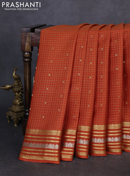 Pure mysore silk saree rust shade with allover small zari checks & buttas and zari woven border