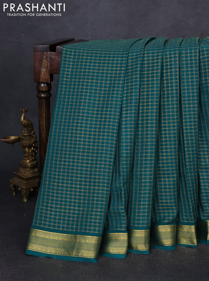 Pure mysore silk saree peacock green with allover small zari checked pattern and zari woven border
